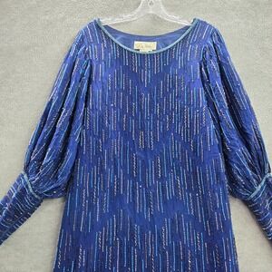 VINTAGE Argenti Women Dress 8 Blue Beaded Shift‎ Silk Party Cocktail 80s